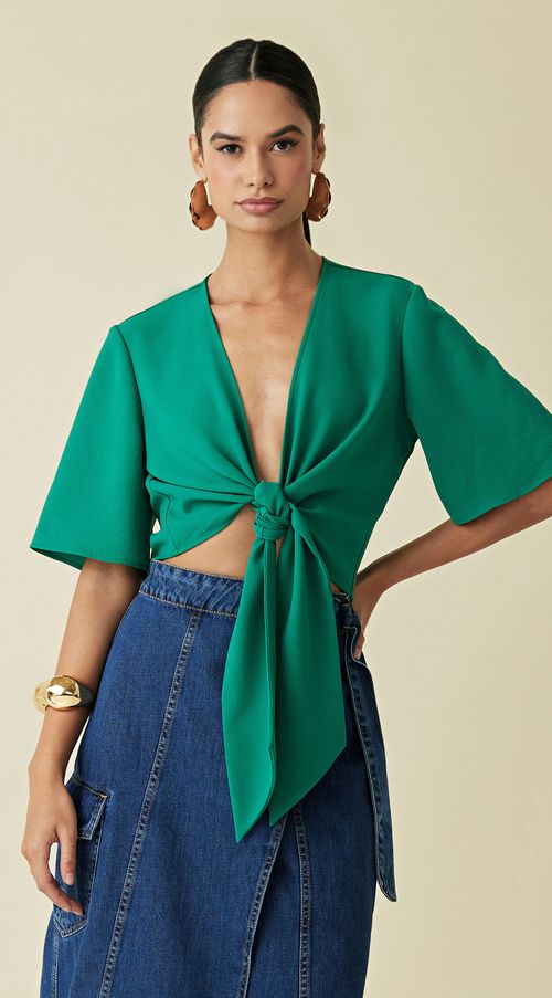 Blusa Maria.Valentina Decote V Manga 3/4 Amarração Frente Verde