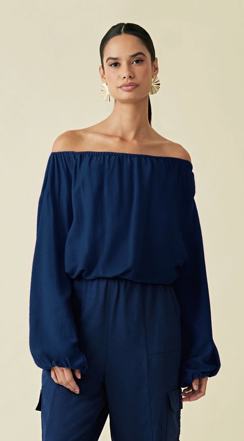 Blusa Maria.Valentina Decote Canoa Manga Longa Com Franzido Azul Marinho