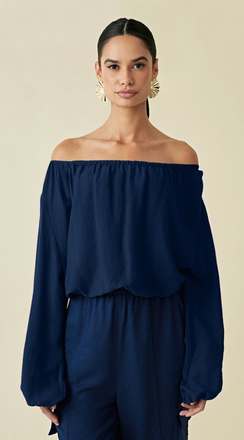 Blusa Maria.Valentina Decote Canoa Manga Longa Com Franzido Azul Marinho