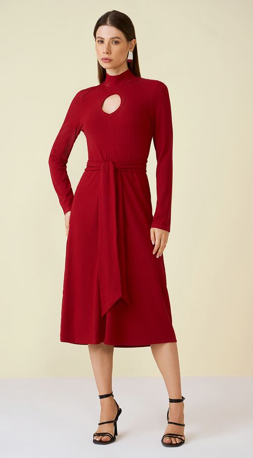 Vestido Maria.Valentina Midi Gola Alta Com Faixa Vermelho