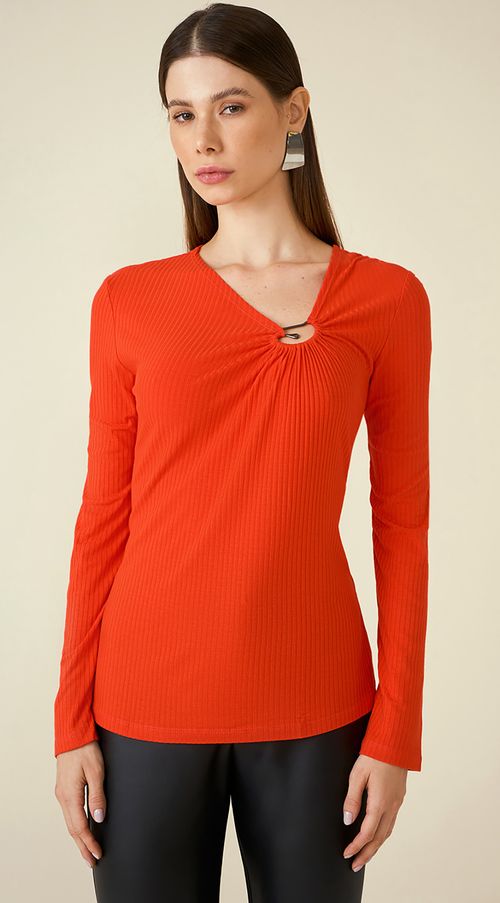 Blusa Maria.Valentina Decote Assimétrico Manga Longa Com Metal Laranja