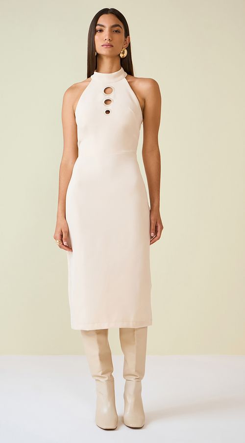 Vestido Maria.Valentina Midi Gola Alta Bordado Cru