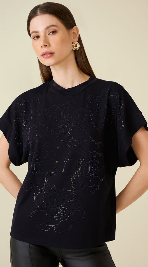 T-Shirt Maria.Valentina Gola Alta Detalhe Termocolante Preto