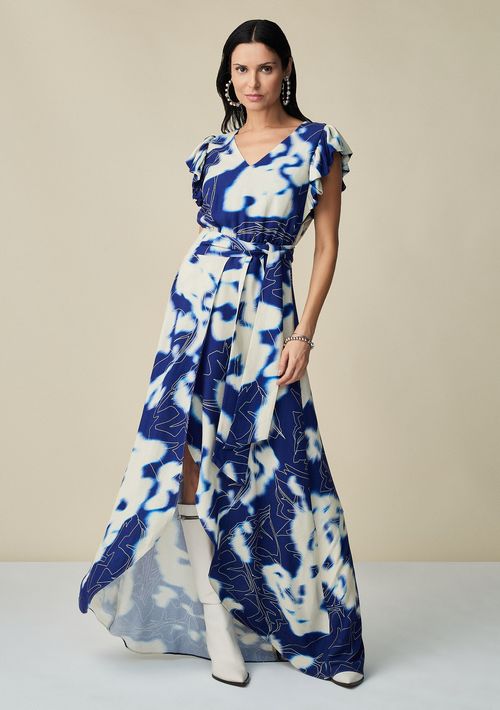 Vestido Maria.Valentina Midi Decote V Com Faixa Azul