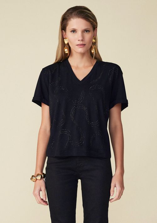 T-Shirt Maria.Valentina Decote V Detalhe Termocolante Preto