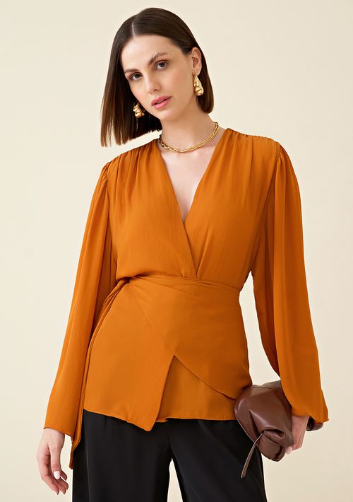 Blusa Maria.Valentina Decote V Manga Longa Com Franzido Laranja