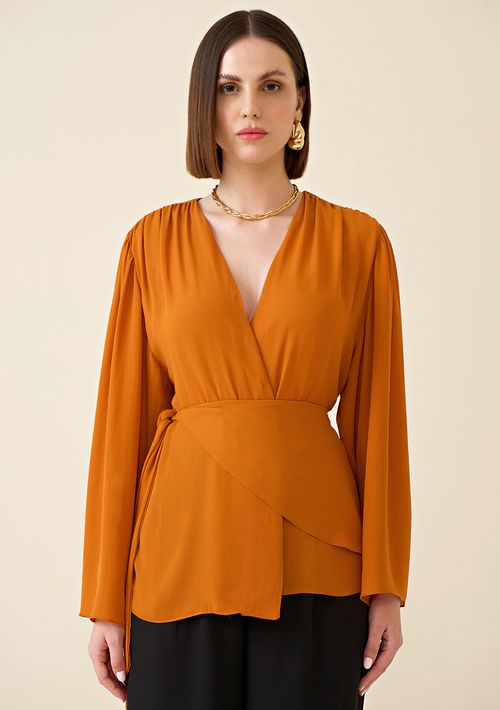 Blusa Maria.Valentina Decote V Manga Longa Com Franzido Laranja