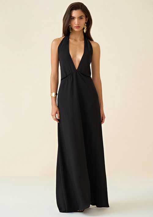 Vestido Maria.Valentina Longo Decote Torção Amarração Costas Preto