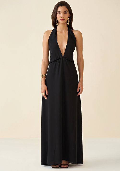 Vestido Maria.Valentina Longo Decote Torção Amarração Costas Preto