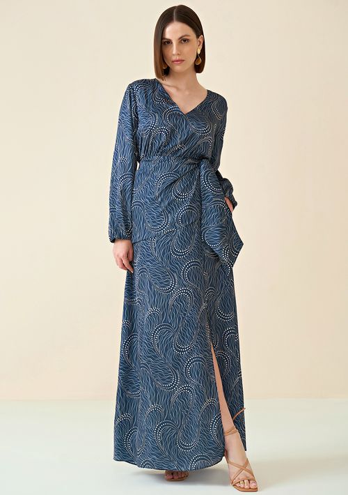 Vestido Maria.Valentina Longo Decote V Com Sobreposição Azul