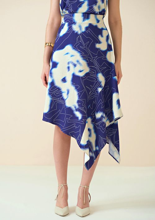 Saia Maria.Valentina Midi Assimétrica Com Recorte Azul