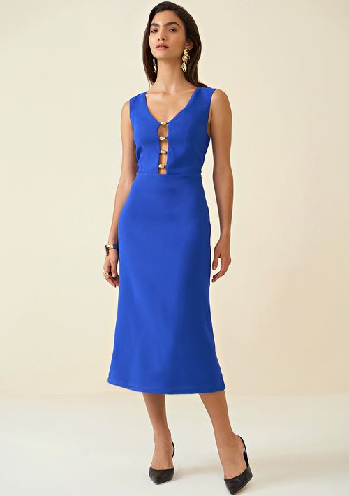 Vestido Maria.Valentina Midi Decote V Com Metal Azul