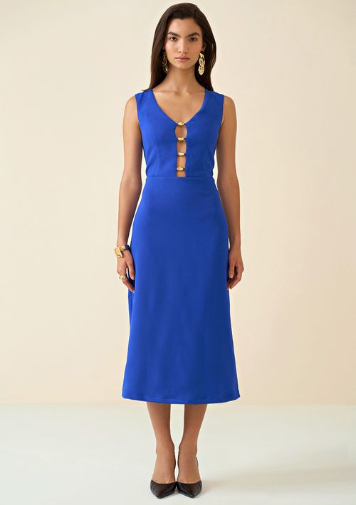 Vestido Maria.Valentina Midi Decote V Com Metal Azul