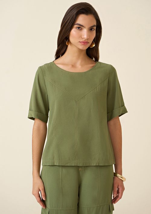 Blusa Maria.Valentina Decote Redondo Manga Curta Com Recorte Verde