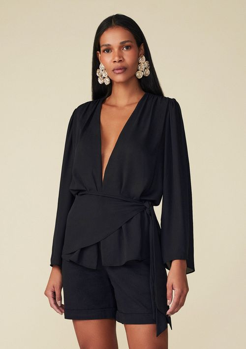 Blusa Maria.Valentina Decote V Manga Longa Com Franzido Preto