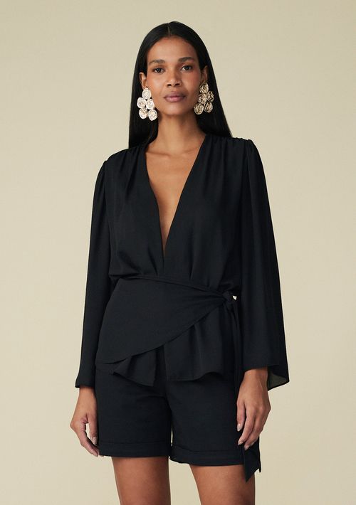 Blusa Maria.Valentina Decote V Manga Longa Com Franzido Preto