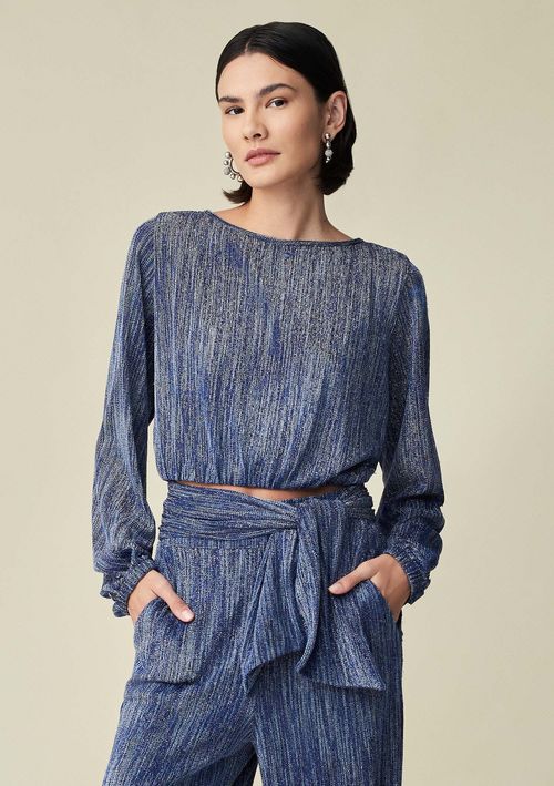 Blusa Maria.Valentina Cropped Decote Redondo Manga Longa Amarração Costas Azul Marinho