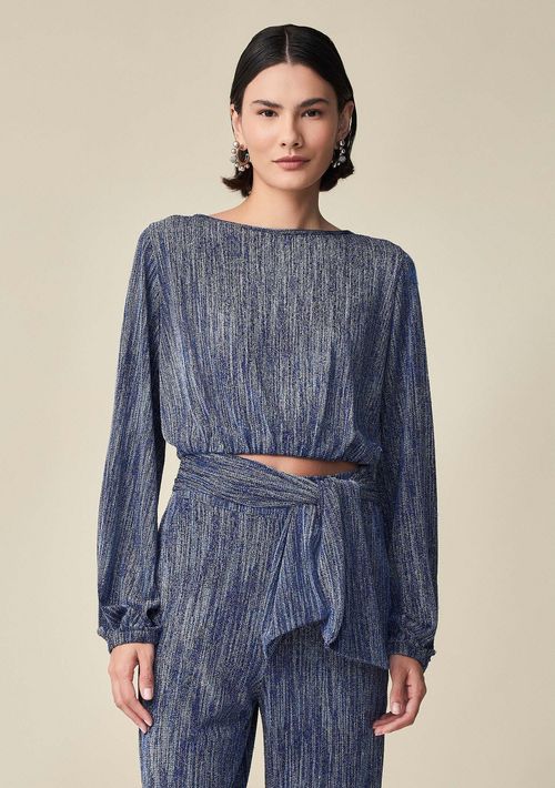 Blusa Maria.Valentina Cropped Decote Redondo Manga Longa Amarração Costas Azul Marinho