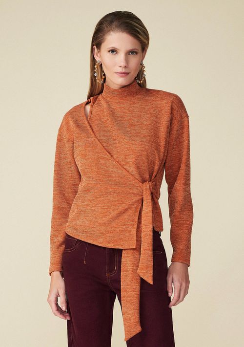 Blusa Maria.Valentina Justa Gola Alta Manga Longa Abertura Frente Laranja