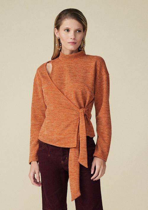 Blusa Maria.Valentina Justa Gola Alta Manga Longa Abertura Frente Laranja