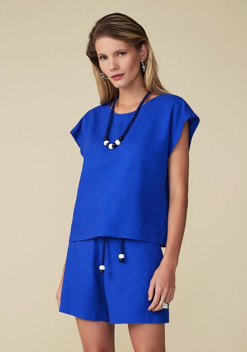 Blusa Maria.Valentina Decote Redondo Manga Curta Com Colar Azul