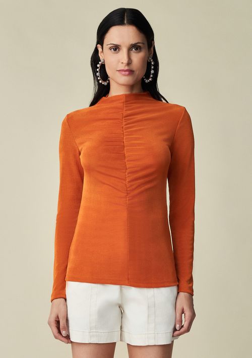 Blusa Maria.Valentina Gola Alta Manga Longa Detalhe Frente Com Drapeado Laranja