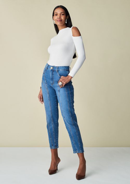 Calça Maria.Valentina Mom Cós Alto Com Recorte Jeans