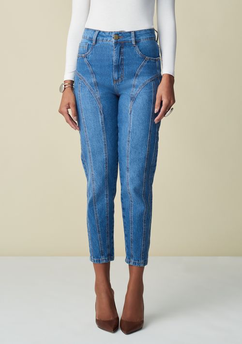 Calça Maria.Valentina Mom Cós Alto Com Recorte Jeans