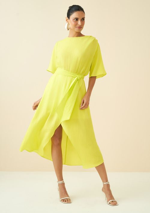 Vestido Maria.Valentina Midi Decote Redondo Saia Transpassada Amarelo