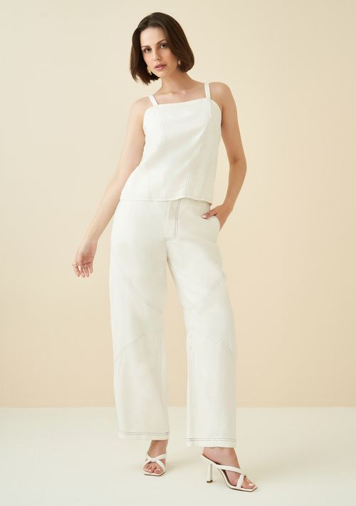 Calça Maria.Valentina Alfaiataria Cós Alto Detalhe Pesponto Off White