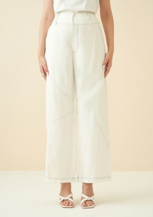 Calça Maria.Valentina Alfaiataria Cós Alto Detalhe Pesponto Off White