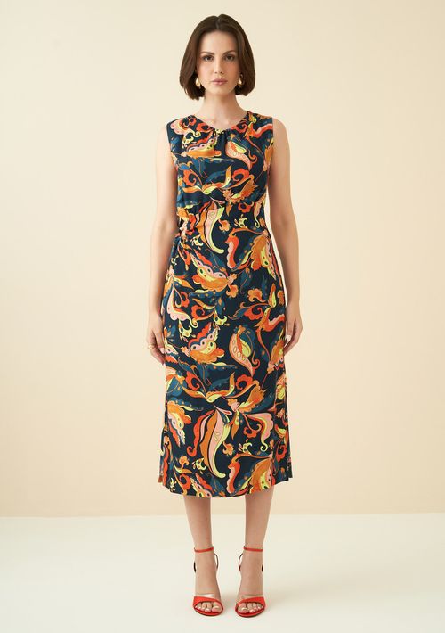 Vestido Maria.Valentina Midi Decote Redondo Com Metal Azul Marinho