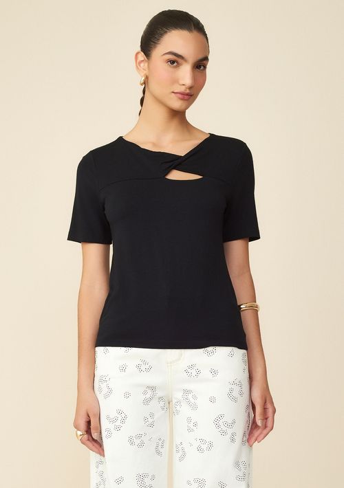 T-Shirt Maria.Valentina Decote Redondo Abertura Frente Preto