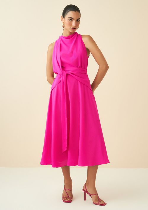 Vestido Maria.Valentina Midi Decote Degage Detalhe Cintura Pink