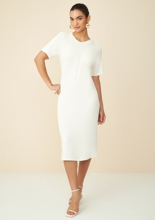 Vestido Maria.Valentina Midi Decote Redondo Abertura Lateral Off White