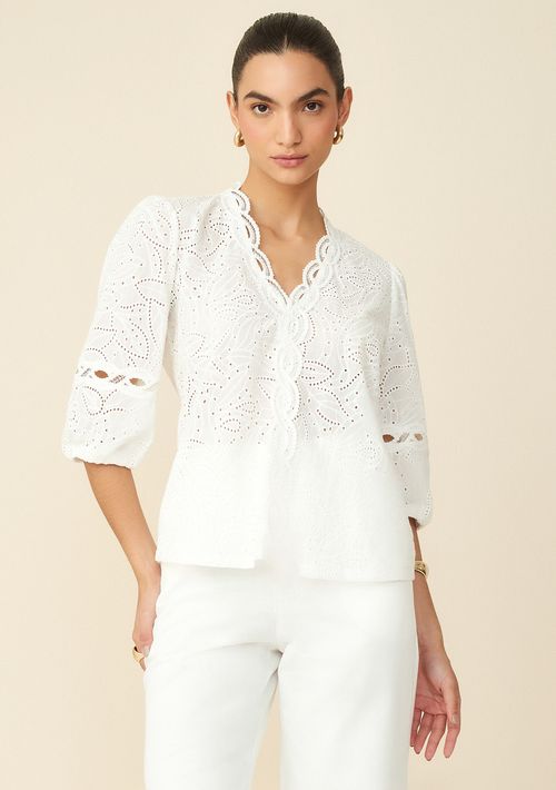 Blusa Maria.Valentina Decote V Manga 7/8 Detalhe Renda Off White