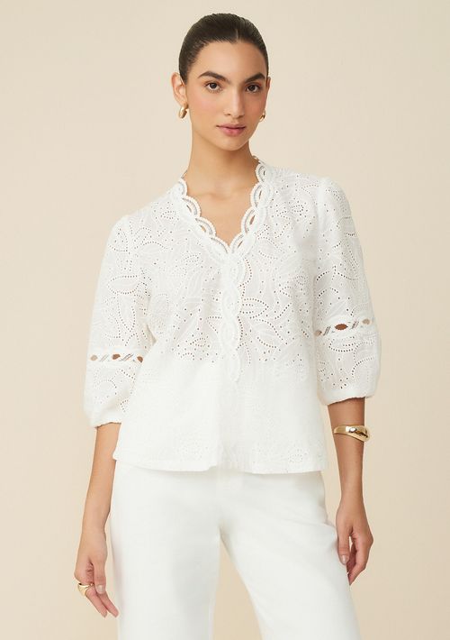 Blusa Maria.Valentina Decote V Manga 7/8 Detalhe Renda Off White