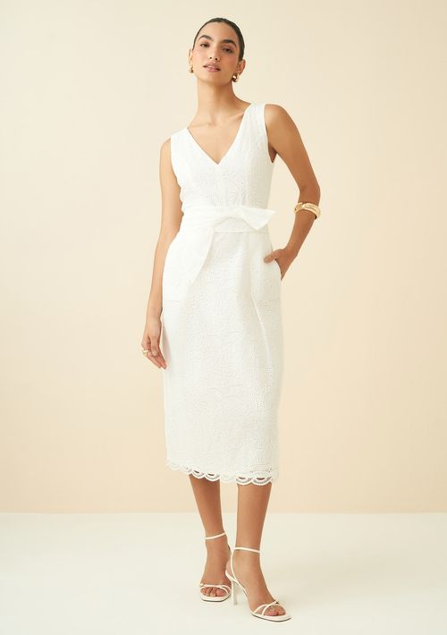 Vestido Maria.Valentina Midi Decote V Detalhe Renda Off White