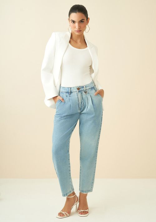 Calça Maria.Valentina Mom Cós Alto Com Pregas Jeans