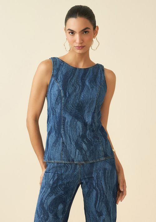 Blusa Maria.Valentina Decote Redondo Cavada Abertura Costas Azul