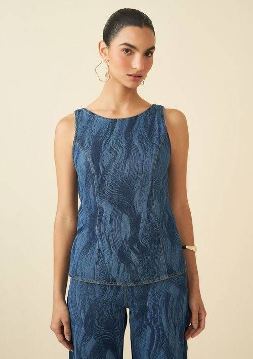 Blusa Maria.Valentina Decote Redondo Cavada Abertura Costas Azul