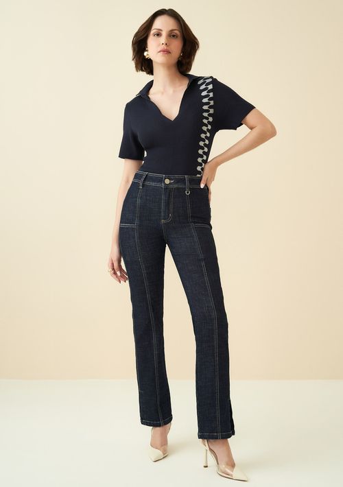 Calça Maria.Valentina Straight M. Helena Cós Intermediário Abertura Barra Jeans
