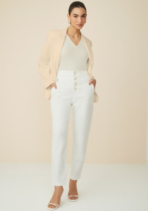 Calça Maria.Valentina Mom Cós Alto Detalhe Bolso Off White