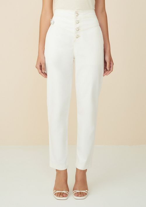 Calça Maria.Valentina Mom Cós Alto Detalhe Bolso Off White