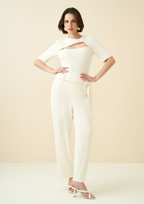Calça Maria.Valentina Reta Cós Alto Com Faixa Off White