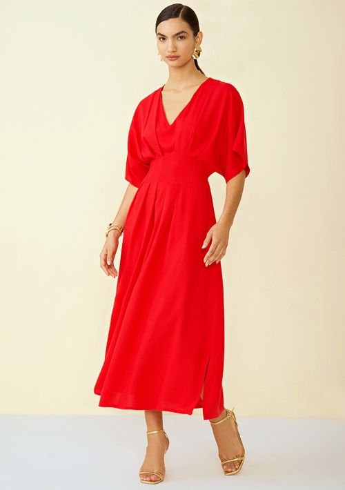 Vestido Maria.Valentina Midi Decote V Com Pregas Vermelho