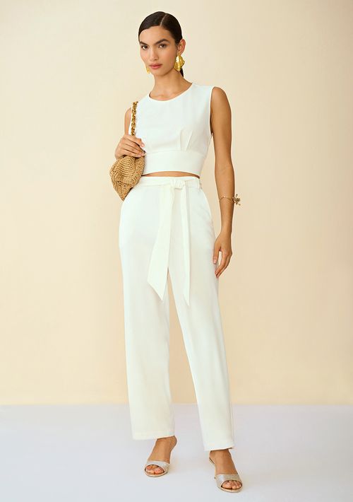 Calça Maria.Valentina Reta Cós Alto Com Faixa Off White