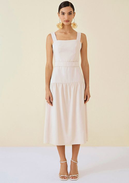 Vestido Maria.Valentina Midi Decote Reto Bordado Bege