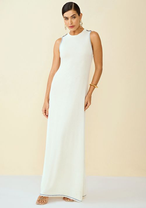 Vestido Maria.Valentina Longo Decote Redondo Com Entremeio Off White