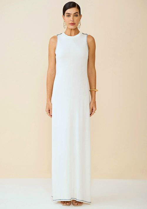 Vestido Maria.Valentina Longo Decote Redondo Com Entremeio Off White